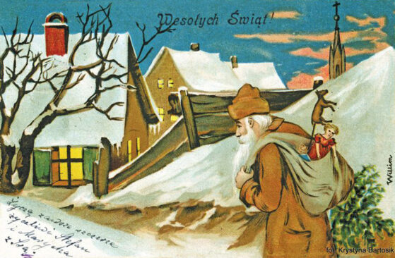 Wesołych świąt.
Pocztówka ze św. Mikołajem. 1902. Źródło: polona.pl