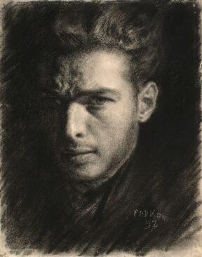Autoportret Podkowińskiego węglem.