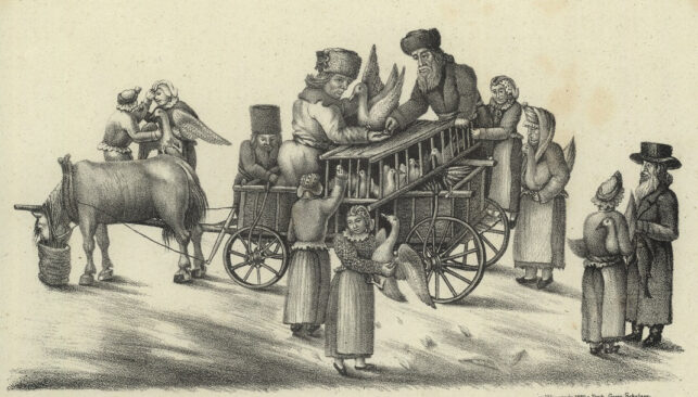 Żydzi kupujący produkty na szabas. Ryc: XIX w., A. Goldenberg. Źródło: Biblioteka Narodowa