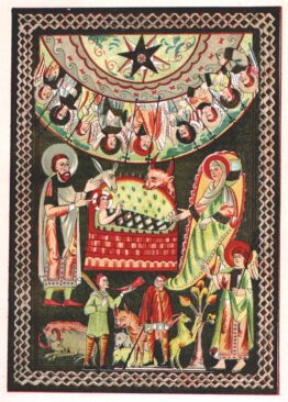 Scena Zwiastowania pasterzom i Bożego Narodzenia, Ewangeliarz gnieźnieński, 1085–1090 r. Źródło: Zofia Rozanow, Muzyka w miniaturze polskiej, Warszawa 1965, il. 3, s. 15