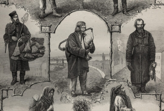 „Przemysł uliczny w Warszawie” – na środku przedstawienie dudziarza z dudami w typie żywieckim. Z „Tygodnika ilustrowanego” z 1869 r., rysunek Henryka Filipowicza [8].