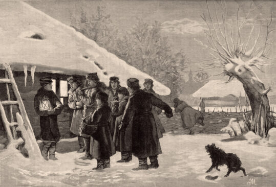 Kolędnicy wiejscy. Rys. J. Maszyński, „Kłosy”, 1881 nr 860, s. 389